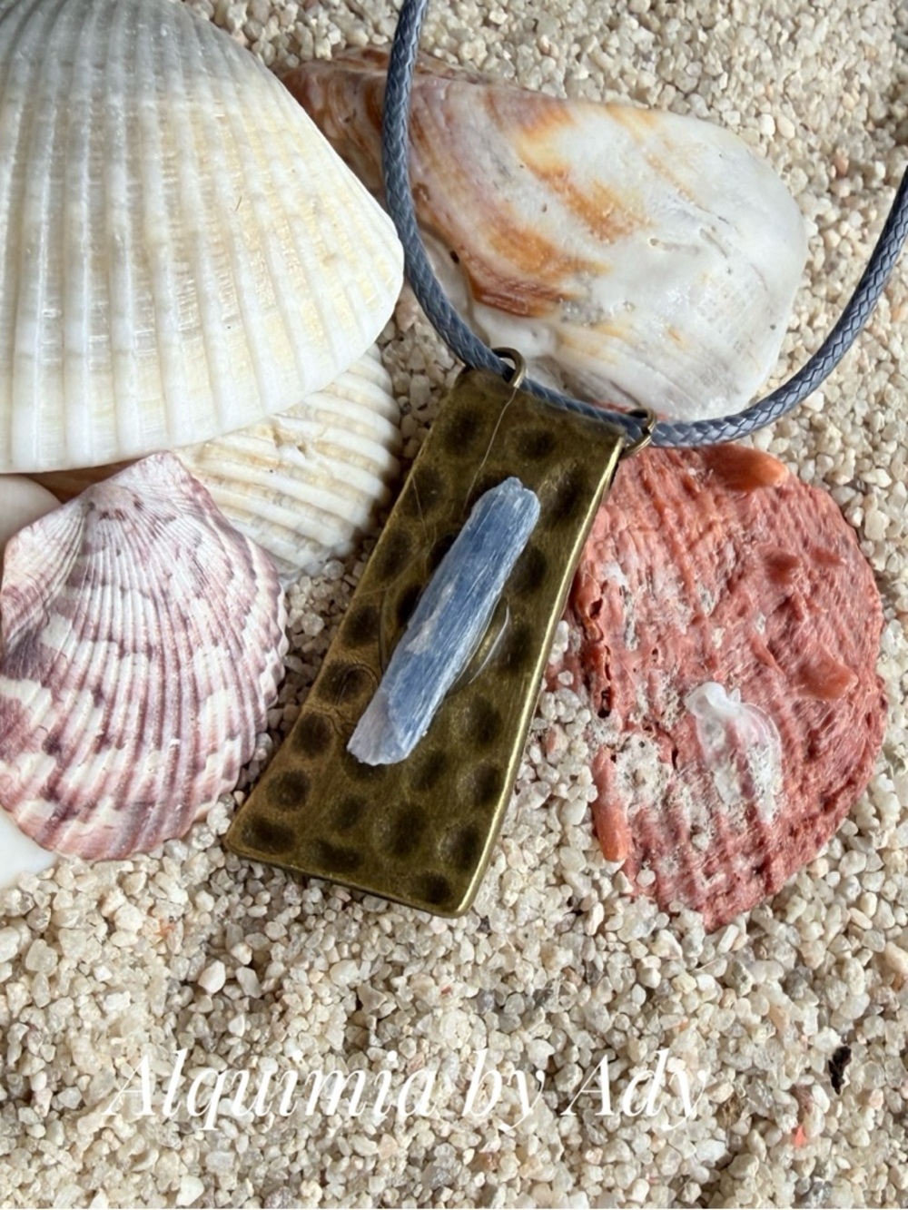 KIANITE Brass Rectangle Pendant Necklace with Blue Stone